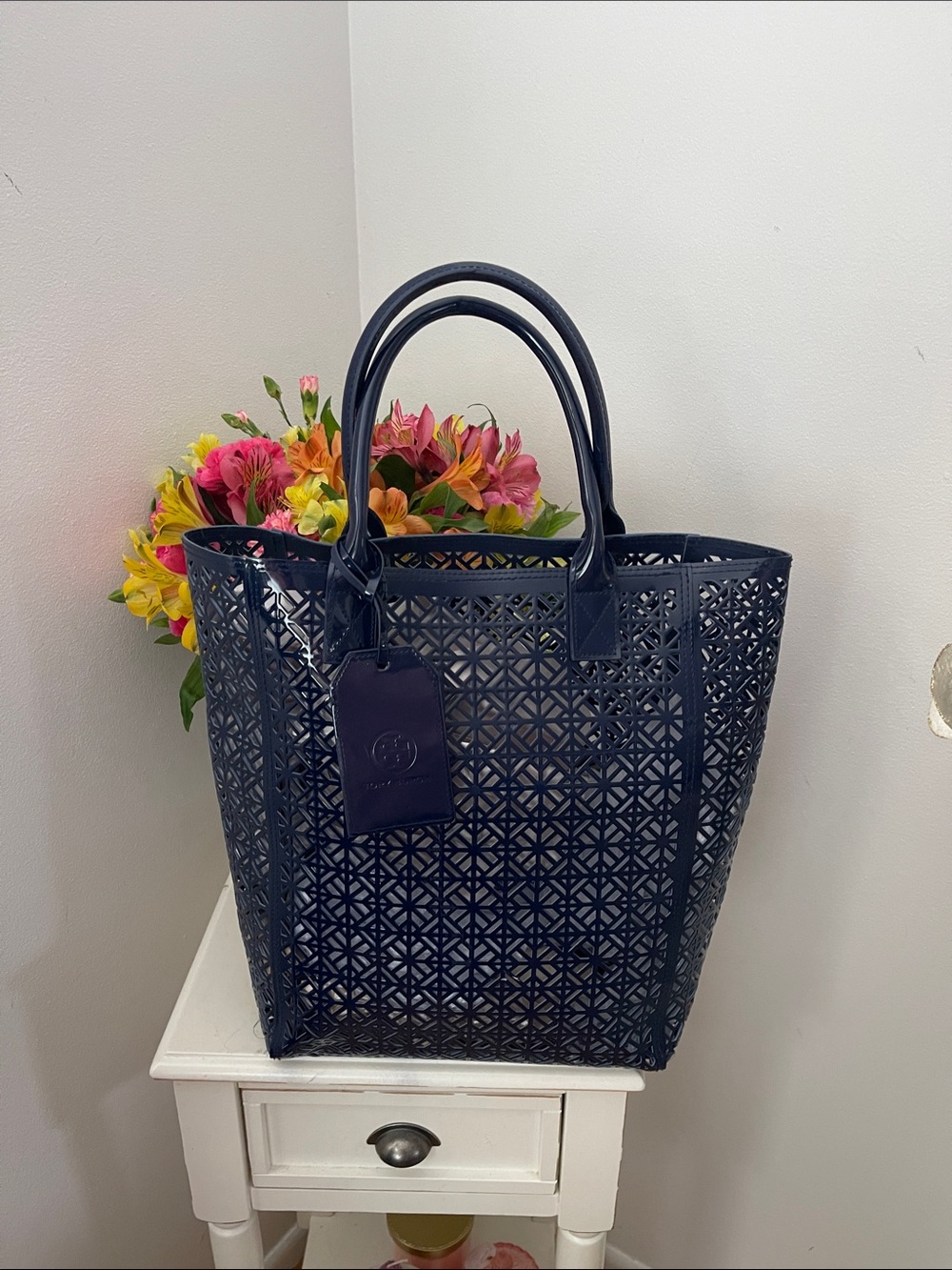 Tory Burch Navy Patent Laser-Cut Tote Bag